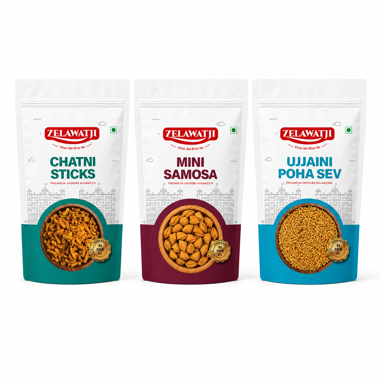 Three stand-up pouches of Zelawati brand Indian snacks arranged side by side on a white background. The packages are for Chatni Sticks, Mini Samosa, and Ujjaini Poha Sev, with white packaging featuring red brand logos and colored lower sections in teal and burgundy.