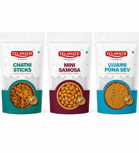 Three stand-up pouches of Zelawati brand Indian snacks arranged side by side on a white background. The packages are for Chatni Sticks, Mini Samosa, and Ujjaini Poha Sev, with white packaging featuring red brand logos and colored lower sections in teal and burgundy.