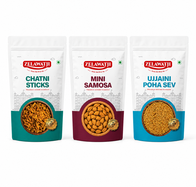 Three stand-up pouches of Zelawati brand Indian snacks arranged side by side on a white background. The packages are for Chatni Sticks, Mini Samosa, and Ujjaini Poha Sev, with white packaging featuring red brand logos and colored lower sections in teal and burgundy.