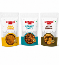 Three stand-up pouches of Zelawati snacks on a plain white background: Aloo Bhuiya with yellow packaging, Peanut Tasty with teal packaging, and Methi Mathri with olive green packaging.