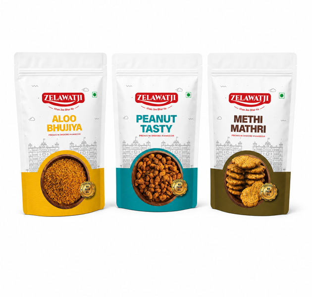 Three stand-up pouches of Zelawati snacks on a plain white background: Aloo Bhuiya with yellow packaging, Peanut Tasty with teal packaging, and Methi Mathri with olive green packaging.