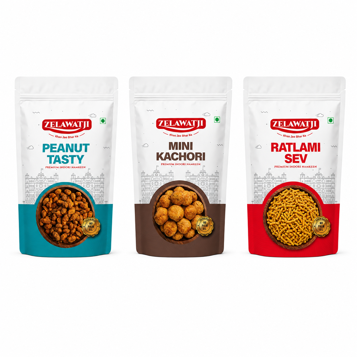 Three stand-up pouches of Zelawati brand pet chow products on a white background: Peanut Tasty, Mini Kachori, and Ratlami Sev.