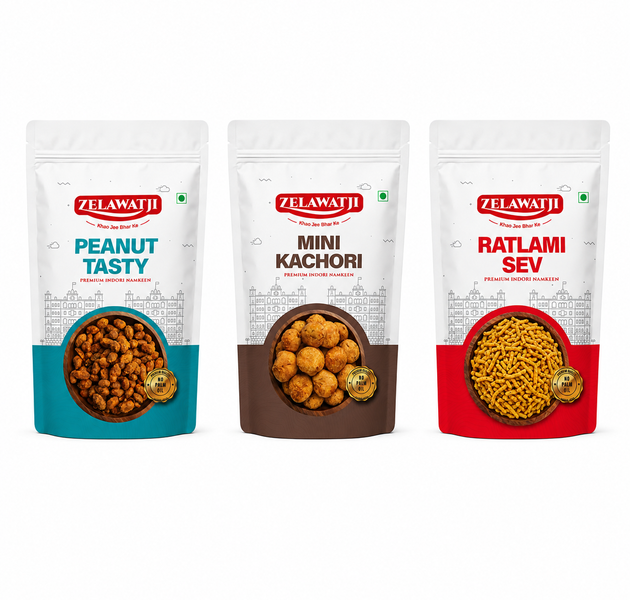 Three stand-up pouches of Zelawati brand pet chow products on a white background: Peanut Tasty, Mini Kachori, and Ratlami Sev.