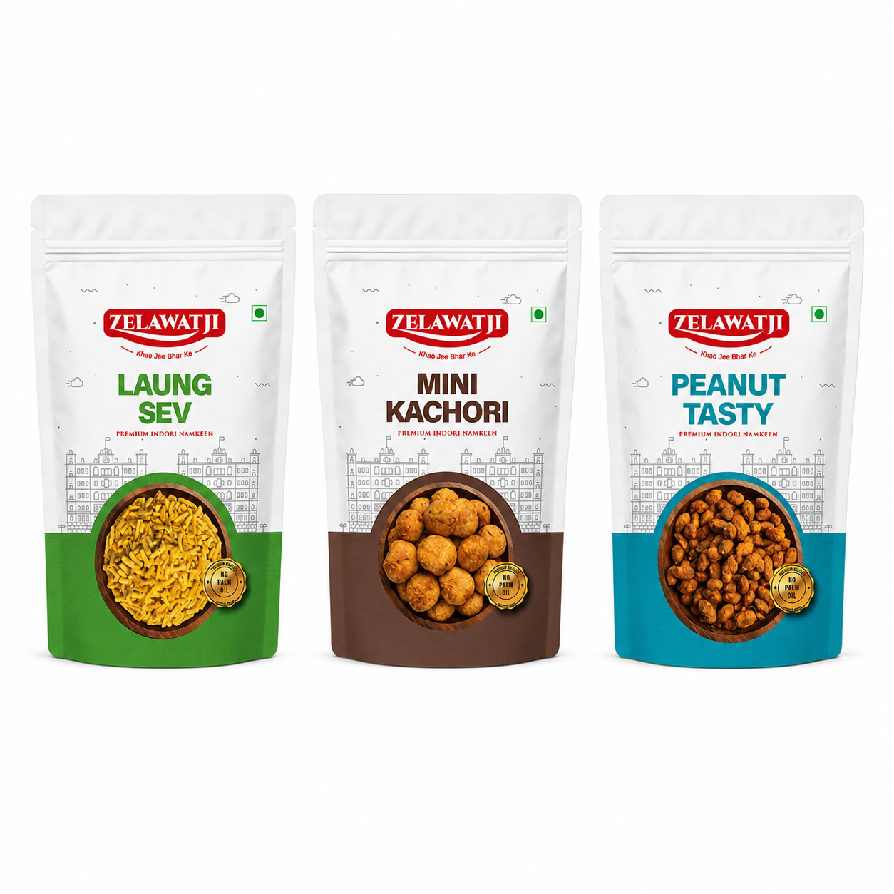 Three stand-up pouches of Zelawati Jhugga Chodapki (deep-fried snacks) arranged side-by-side on a white background. The packages are labeled 'ZELAWATJI LAUNG SEV', 'ZELAWATJI MINI KACHORI', and 'ZELAWATJI PEANUT TASTY', with green, brown, and blue color blocks at the bottom showing the food inside.