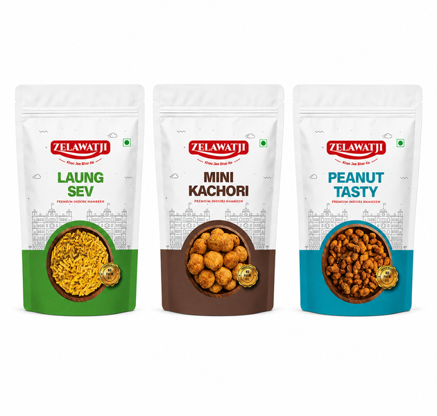 Three stand-up pouches of Zelawati Jhugga Chodapki (deep-fried snacks) arranged side-by-side on a white background. The packages are labeled 'ZELAWATJI LAUNG SEV', 'ZELAWATJI MINI KACHORI', and 'ZELAWATJI PEANUT TASTY', with green, brown, and blue color blocks at the bottom showing the food inside.