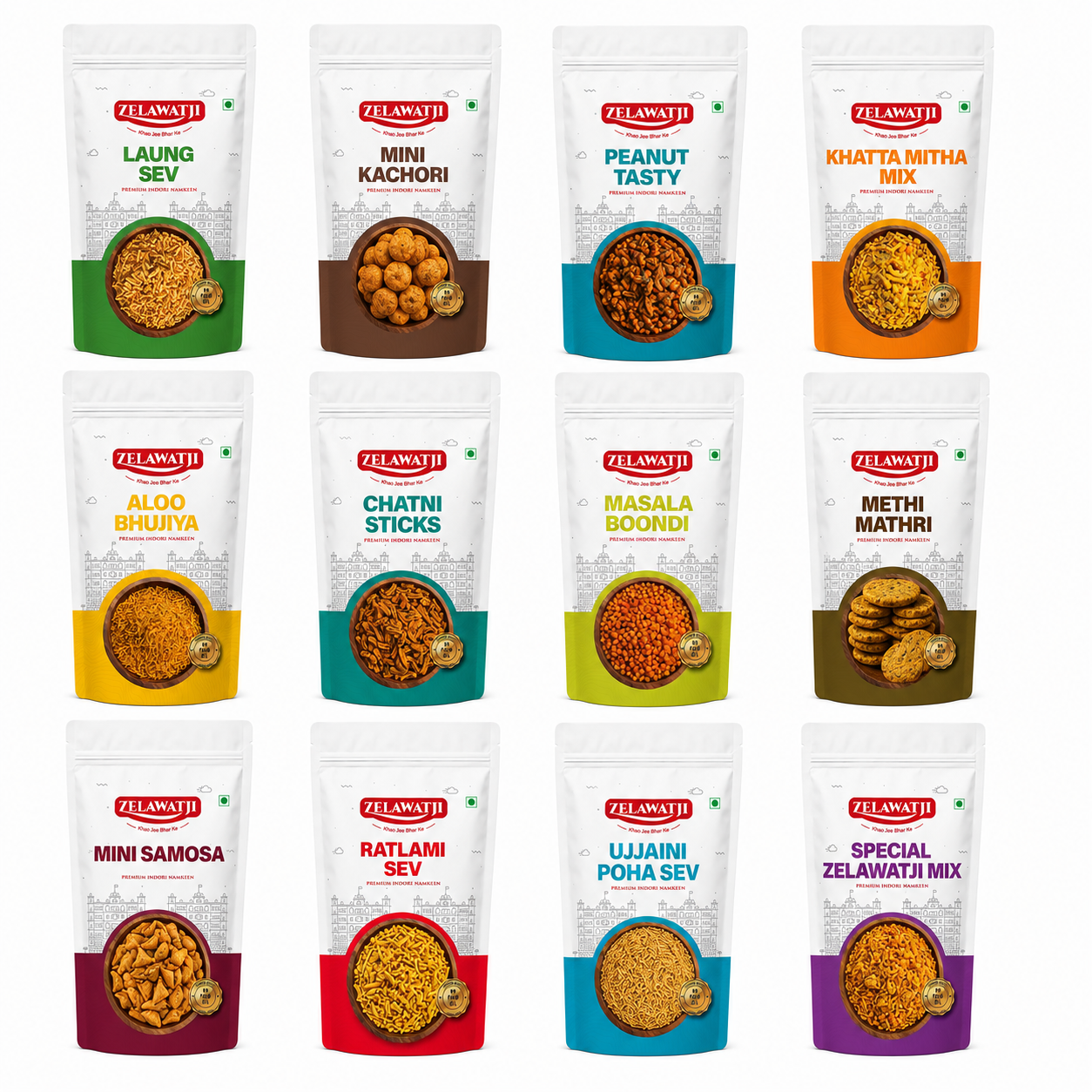 A 12-pack grid of Zelamati snack pouches on a plain white background, featuring various Indian snacks such as Laung Sev, Mini Kachori, Peanut Tasty, Khatta Mitha Mix, Aloo Bhuja, Chatni Sticks, Masala Boondi, Methi Mathri, Mini Samosa, Ratlami Poha Sev, Ujjaini Poha Sev, and Special Zelamati Mix.