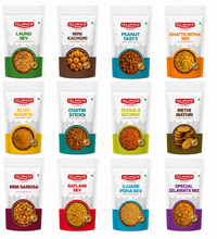 A 12-pack grid of Zelamati snack pouches on a plain white background, featuring various Indian snacks such as Laung Sev, Mini Kachori, Peanut Tasty, Khatta Mitha Mix, Aloo Bhuja, Chatni Sticks, Masala Boondi, Methi Mathri, Mini Samosa, Ratlami Poha Sev, Ujjaini Poha Sev, and Special Zelamati Mix.