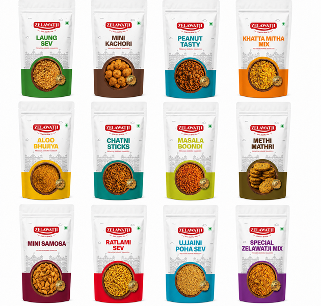 A 12-pack grid of Zelamati snack pouches on a plain white background, featuring various Indian snacks such as Laung Sev, Mini Kachori, Peanut Tasty, Khatta Mitha Mix, Aloo Bhuja, Chatni Sticks, Masala Boondi, Methi Mathri, Mini Samosa, Ratlami Poha Sev, Ujjaini Poha Sev, and Special Zelamati Mix.
